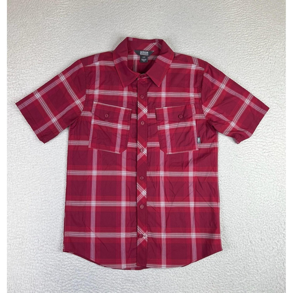 Outdoor Research Wanderer Mens Small Red Plaid SS Button Up Hiking Shirt 274505